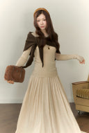 Beige Knit Top & Maxi Skirt Set with Wool Scarf – Autumn Winter Cozy Elegant Outfit, Minimalist Neutral Tones