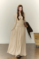 Beige Knit Top & Maxi Skirt Set with Wool Scarf – Autumn Winter Cozy Elegant Outfit, Minimalist Neutral Tones