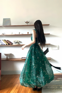 Emerald Garden Party Dress – Elegant Green Floral Maxi Gown, Vintage Romantic Ruffle Evening Dress