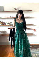 Emerald Garden Party Dress – Elegant Green Floral Maxi Gown, Vintage Romantic Ruffle Evening Dress
