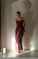 Vogsion “Rouge Muse” Draped Satin Slit Dress – Christmas Night Edition