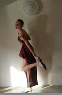 Vogsion “Rouge Muse” Draped Satin Slit Dress – Christmas Night Edition
