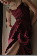 Vogsion “Rouge Muse” Draped Satin Slit Dress – Christmas Night Edition