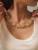 Vintage Gold-Plated Brass Leaf Pearl Choker Necklace – Baroque Floral Statement Jewelry
