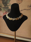 Vintage Gold-Plated Brass Leaf Pearl Choker Necklace – Baroque Floral Statement Jewelry