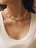Vintage Gold-Plated Brass Leaf Pearl Choker Necklace – Baroque Floral Statement Jewelry