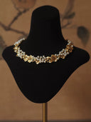 Vintage Gold-Plated Brass Leaf Pearl Choker Necklace – Baroque Floral Statement Jewelry