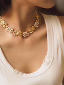Vintage Gold-Plated Brass Leaf Pearl Choker Necklace – Baroque Floral Statement Jewelry