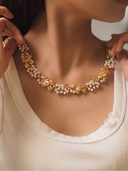 Vintage Gold-Plated Brass Leaf Pearl Choker Necklace – Baroque Floral Statement Jewelry