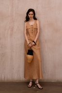 Sleeveless textured maxi dress in clay brown with buttons and chest pockets