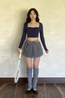 Women’s Ruffle Tulle Tennis Skirt Set – High Waist Layered Pleated Mini Skirt with Long Sleeve Crop Top for Sport & Fashion