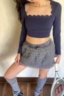Women’s Ruffle Tulle Tennis Skirt Set – High Waist Layered Pleated Mini Skirt with Long Sleeve Crop Top for Sport & Fashion