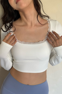 KOKOYAYA Lace Trim Square Neck Long Sleeve Crop Top – Women’s Yoga Activewear Workout Shirt, Ballet Dance Athleisure Top with Slim Fit Design