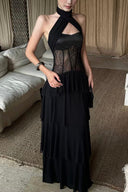 Close-up of the Vogsion Nocturne black lace corset bodice highlighting the delicate floral lace, supportive lining, soft fabric and premium craftsmanship of the elegant tiered maxi dress