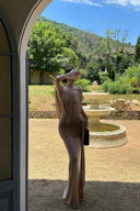 Luxury sand beige off shoulder formal maxi dress inspired by desert elegance for wedding guest and evening events