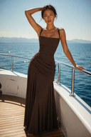 The Vogsion Sura Petite Wedding Guest Draped Maxi Dress in Mocha Brown