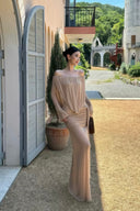 VOGSION Sahara Mirage Off Shoulder Draped Maxi Dress in Sand Beige for wedding guest, formal evening dress with long sleeves