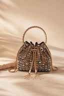 VOGSION VS Beaded Bucket Bag crystal embellished evening mini bucket purse with top handle on luxury neutral backdrop