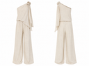 Front and back view of the VOGSION Élan Quiet Luxury Linen Set featuring premium linen fabric, one-shoulder floral rosette detail, elegant draped top, and relaxed wide-leg pants designed for timeless resort dressing.