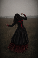 A woman in a long black and deep red Victorian-style dress stands in a grassy field, viewed from behind as she looks out into the distance under a moody, overcast sky.