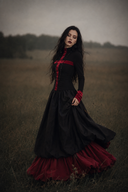 A woman stands in a grassy field wearing a long black dress with red trim and a layered red underskirt, photographed in moody, overcast outdoor lighting.