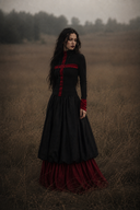     Vogsion Crimson Covenant Black & Red Gothic Top, Maxi Skirt or Set styled in a misty field, featuring red cross detailing and a layered black and crimson maxi skirt.