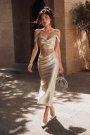 Vogsion® Elara Silk Satin Mermaid Gown paired with the VS Beaded Bucket Bag, elegant ivory silk satin evening dress featuring a draped cowl neckline, sheer lace waist panel, mermaid silhouette and luxury crystal bucket bag, perfect for wedding guest, cocktail party and formal events