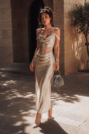 Vogsion® Elara Silk Satin Mermaid Gown styled with the VS Beaded Bucket Bag, champagne ivory satin mermaid dress with off-shoulder straps, sculpted draped bodice, sheer embroidered waist and sparkling beaded bucket bag for gala, wedding guest and luxury evening occasions