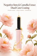 Vogsion pink mini heated brush displayed on a pink vanity with packaging, mirror, candle, and hair accessories, ideal for travel-friendly dry hair styling and quick touch-ups.