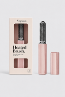 Vogsion PocketLift Mini Heated Brush shown in blush pink colorways with packaging, designed as a travel-size heated brush for bangs, flat roots, and quick styling touch-ups.