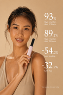 Model holding Vogsion PocketLift Mini Heated Brush packaging, a lipstick-size portable heated brush for quick bangs styling, root volume, and on-the-go frizz touch-ups.
