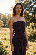A woman wearing a Vogsion Strapless Ruched Maxi Dress - Dark Plum/Chocolate Wedding Guest Evening Gown standing outdoors in a sunlit field with trees in the background.