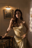 A woman with long wavy brown hair wearing a Vogsion x Last Sunset Butter Yellow Satin Backless Slip Maxi Dress, posing in a warmly lit, elegant room with cream-colored walls and a painting on the wall.