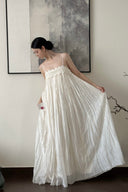 White petite lace maxi dress for short women with flowing crinkle fabric