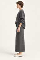 Charcoal grey wool-blend sweater and straight midi skirt set, side view