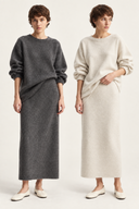 Aderyn wool-blend sweater and midi skirt set in charcoal grey and ivory, shown together with relaxed button-back tops
