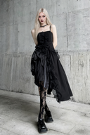 Black asymmetric Gothic dress with cascading ruffles and blonde model
