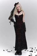 Burgundy long Gothic maxi dress with lace and blonde model