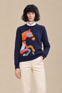 Front view of Cavelle navy horse intarsia merino wool-blend sweater with a colourful abstract horse motif.
