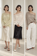 Petite-friendly oversized wool-blend sweater with crochet-trim boat neckline in pale green, ivory and warm gray.
