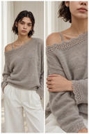 Warm gray wool-blend sweater showing crochet-trim neckline, long sleeves and openwork cuffs.