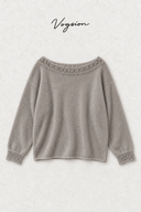 Warm gray crochet-trim wool-blend sweater flat lay with Vogsion lettering.