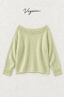 Light green crochet-trim wool-blend sweater flat lay with Vogsion lettering.