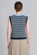 Fair Isle button knit vest in midnight blue and sky blue, back view