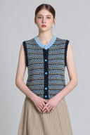 Fair Isle button knit vest in midnight blue and sky blue, front view