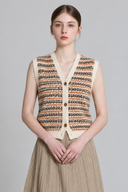 Fair Isle button knit vest in warm rust and cream, front view