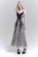 Gray Gothic slip maxi dress with ink print and blonde model