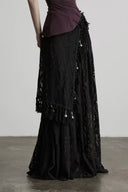 Indulge Noctara black asymmetrical lace charm maxi skirt, front detail with full sweeping hem