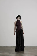 Full-length centered front view of the Noctara black asymmetrical lace charm maxi skirt