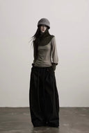 Indulge Ravena taupe and charcoal button-neck wool-knit top, full-length styling
